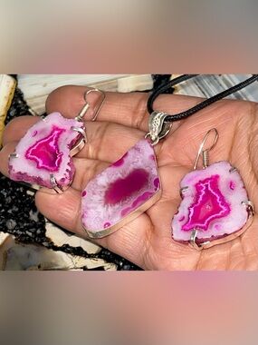 Pink Drusy Solar Agate Pendant & Earrings Set